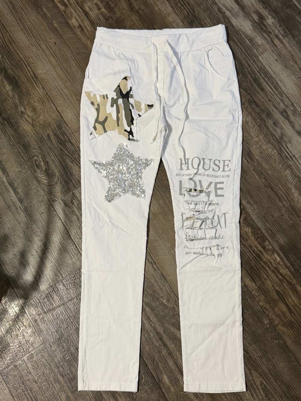 Women's White Star Patch Joggers with Sequin Detail size M